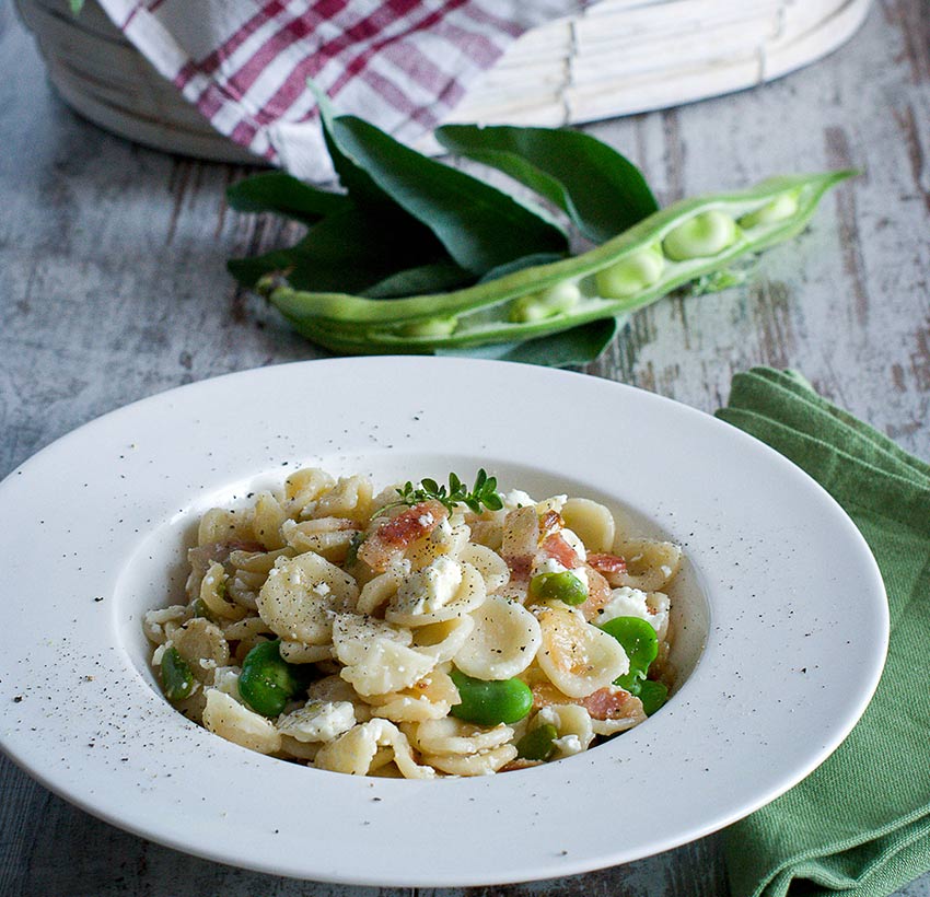 Orecchiette con guanciale fave fresche e Sarazzu - Caseificio Val d'Aveto