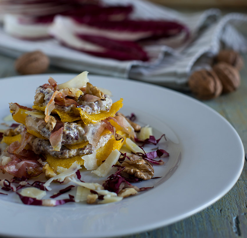 Millefoglie di polenta con crema di radicchio rosso speck e San Ste grande